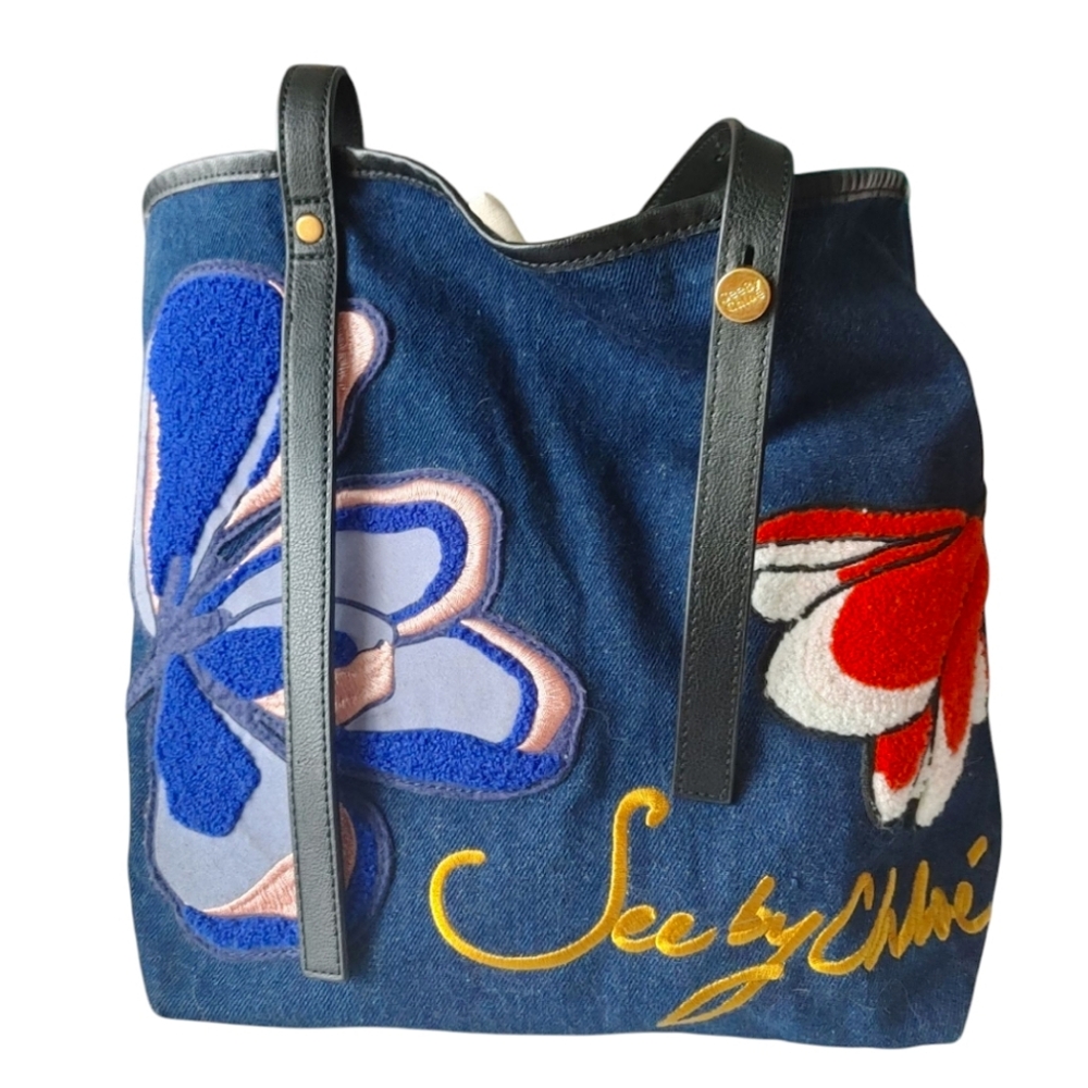 See By Chloe Denim Floral Embroidery Shoulder Tote Bag - Picture 15 of 16